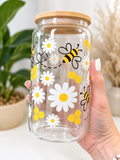 Bees & Daisies Glass Can Tumbler