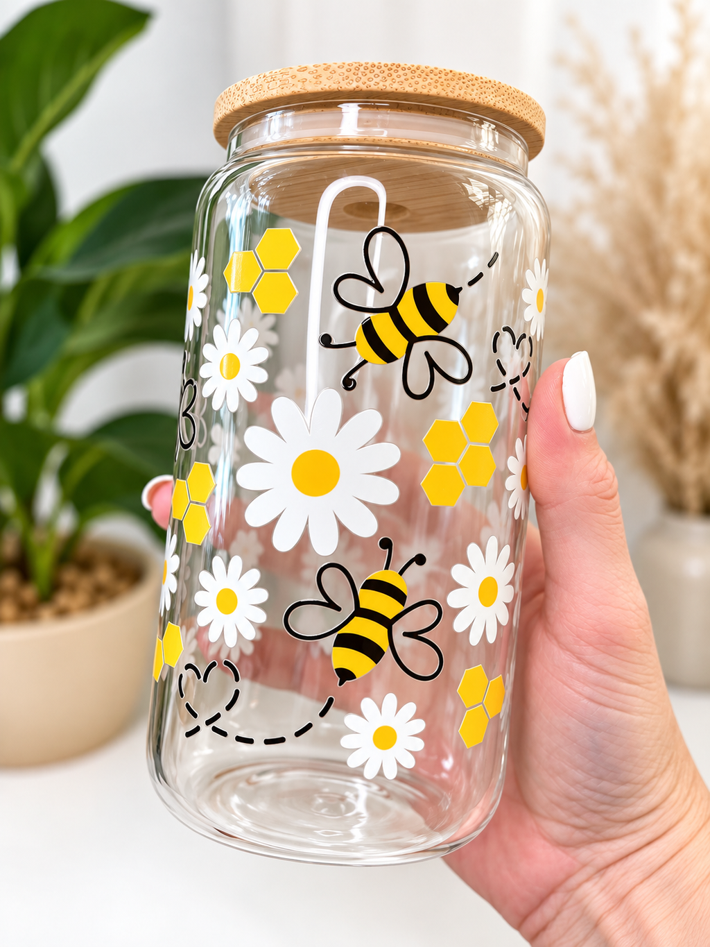 Bees & Daisies Glass Can Tumbler