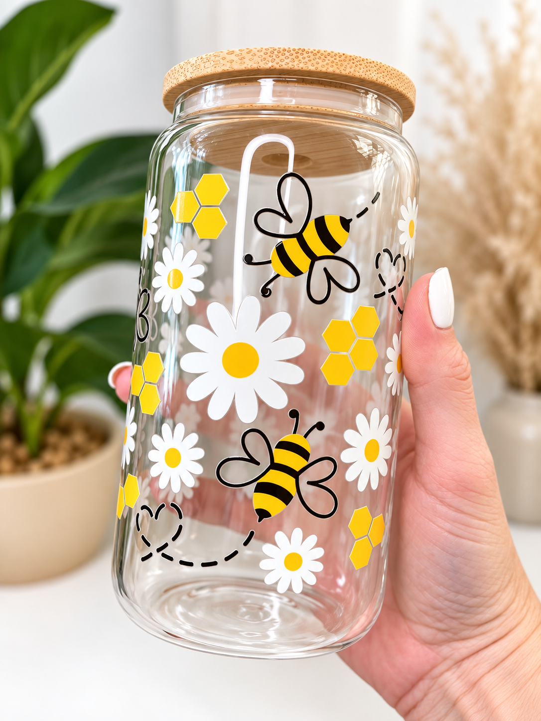 Bees & Daisies Glass Can Tumbler