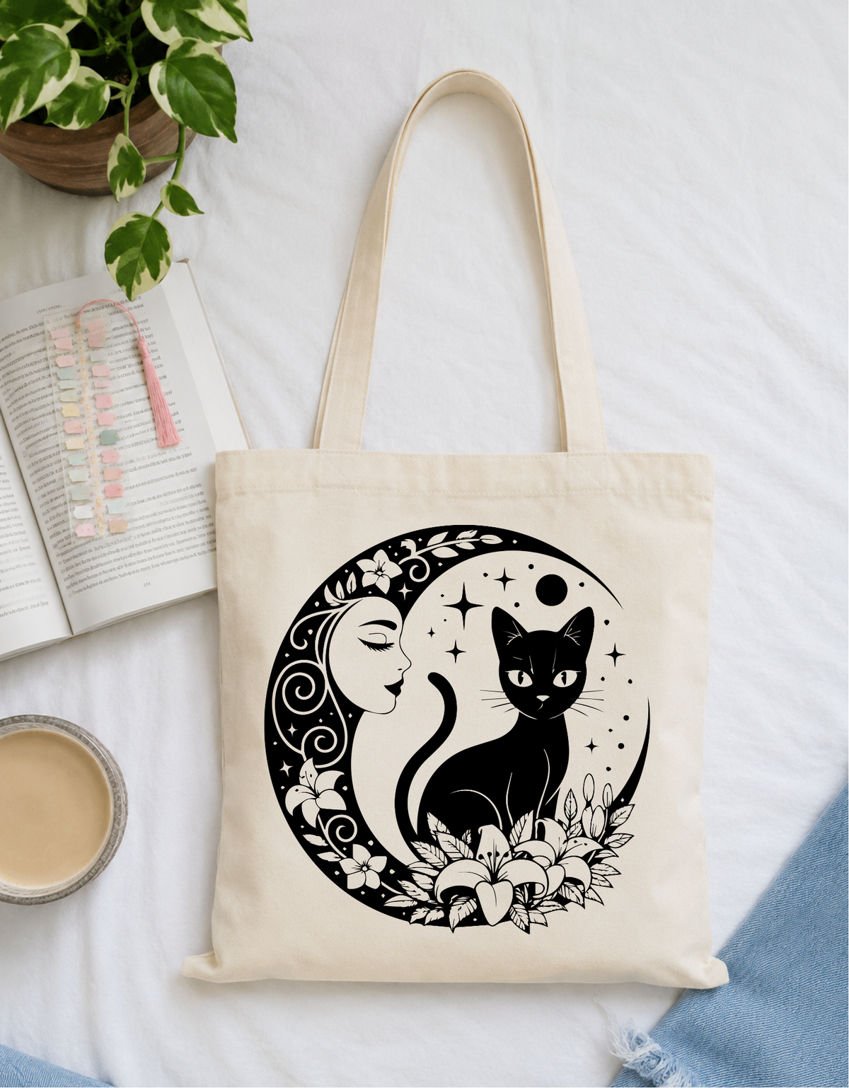 Cat and Moon Tote Bag