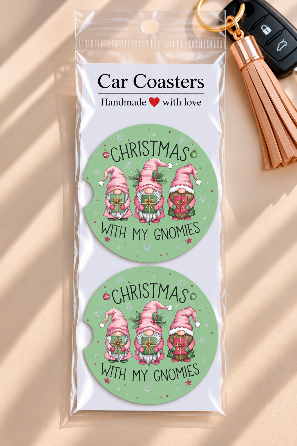 "Christmas with My Gnomies" Pink Gnome Car Coasters