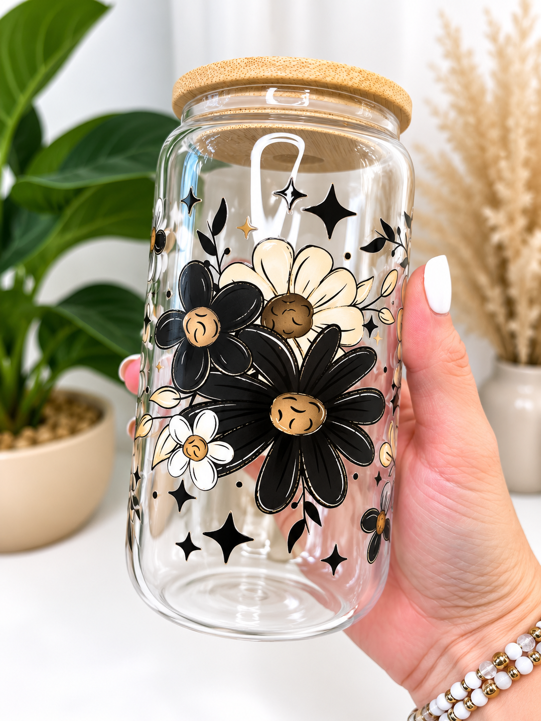 Black & Cream Daisy Glass Can Tumbler