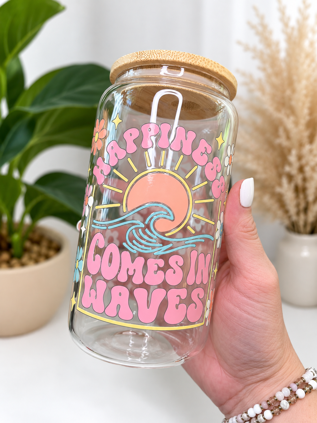 "Happiness Comes in Waves" Glass Can Tumbler