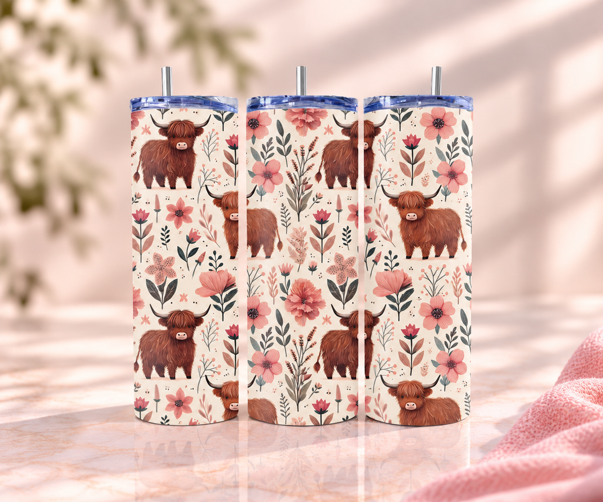 Highland Cow & Florals Skinny Tumbler