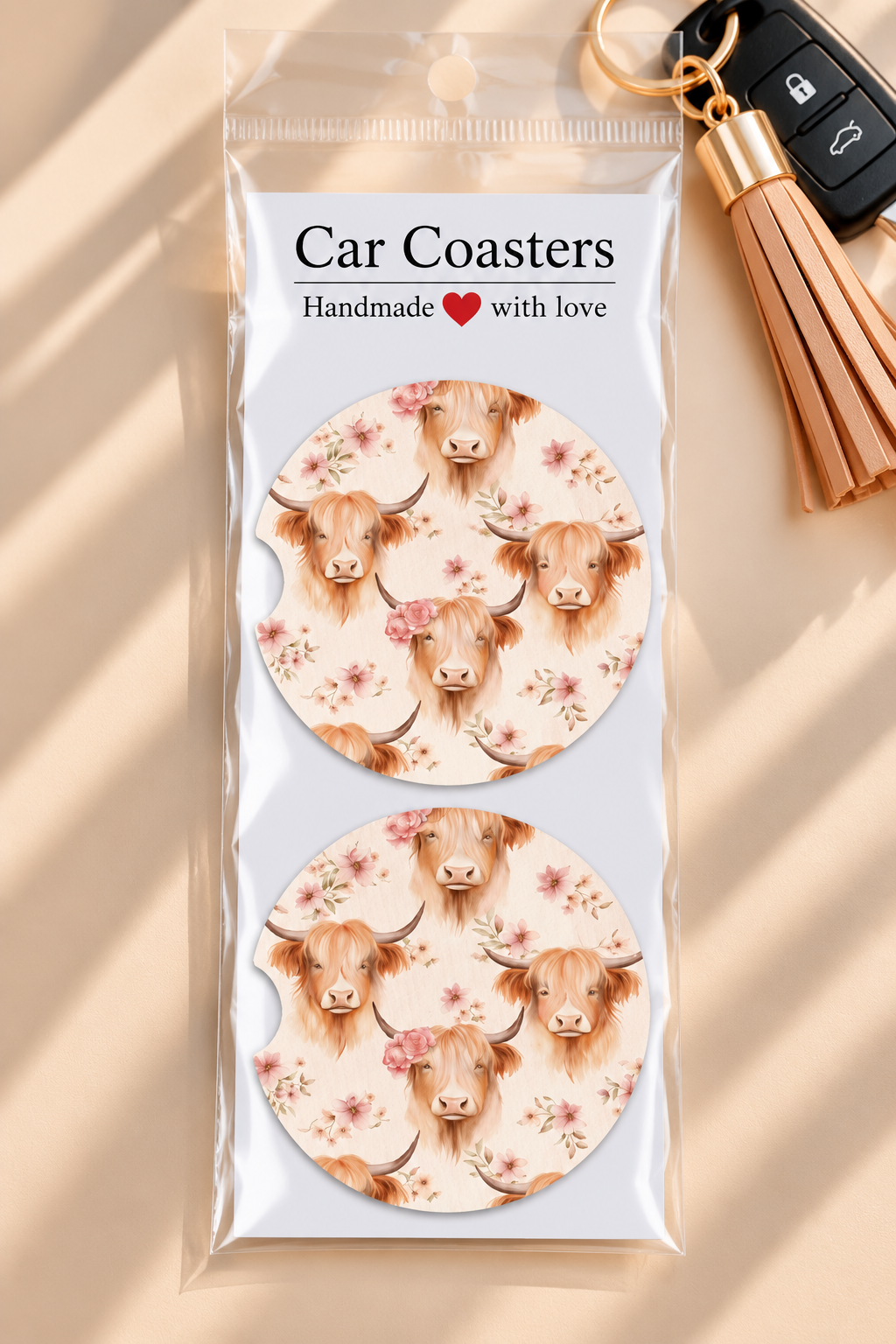 Highland Cow & Flowers Car Coasters