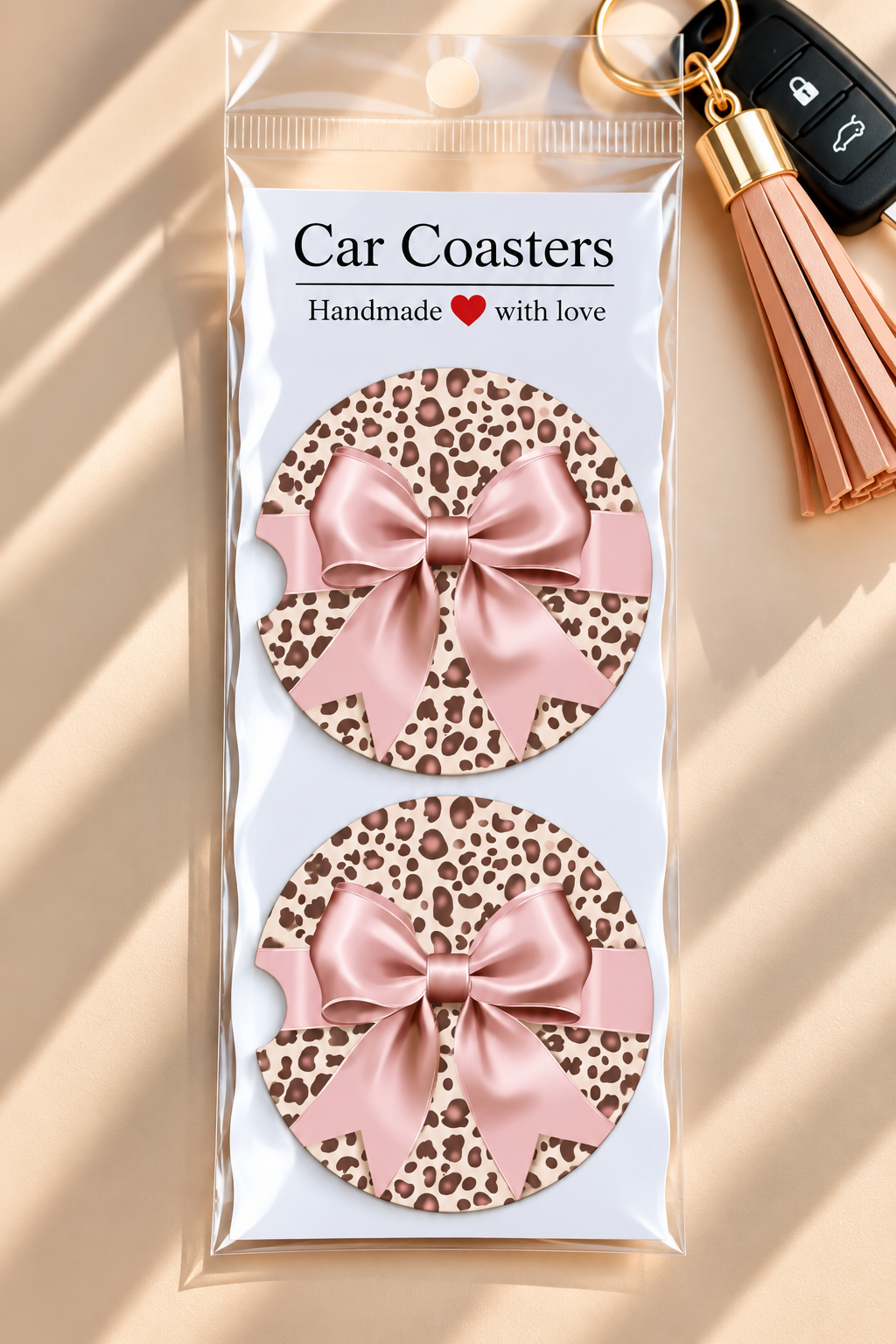 Leopard & Pink Bow Car Coasters