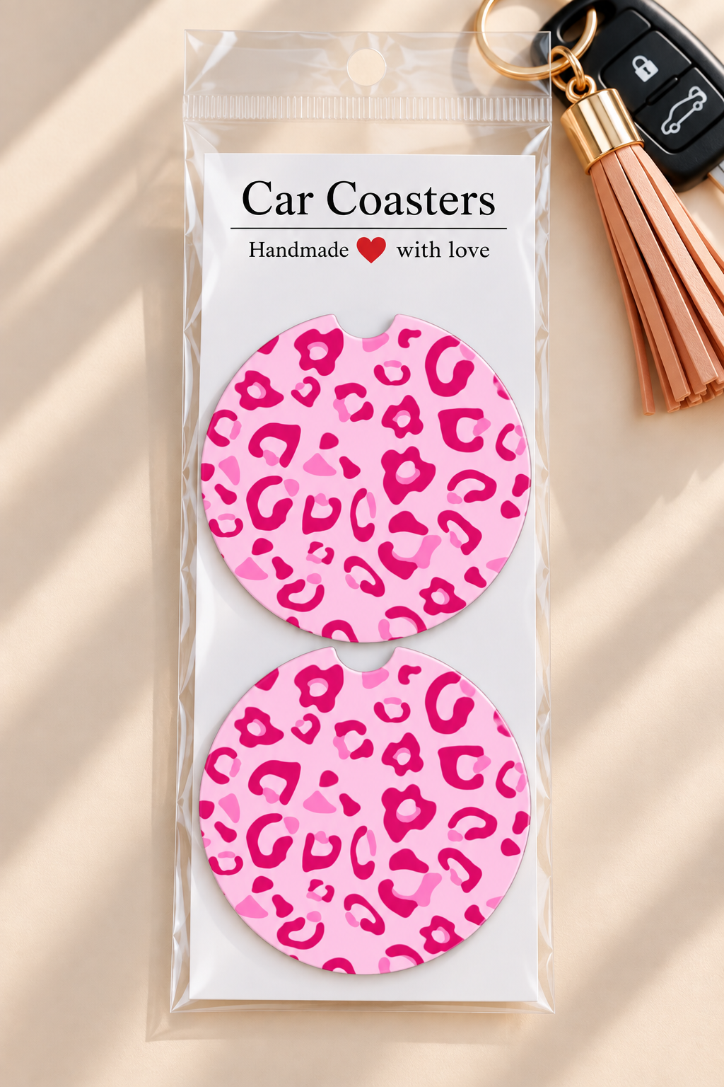 Pink Leopard Car Coasters