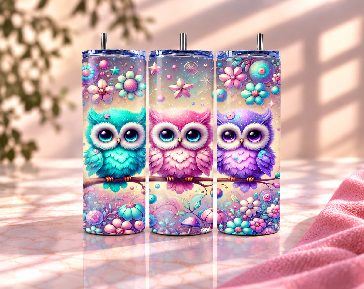 Lisa Frank Inspired Rainbow Owls Skinny Tumbler