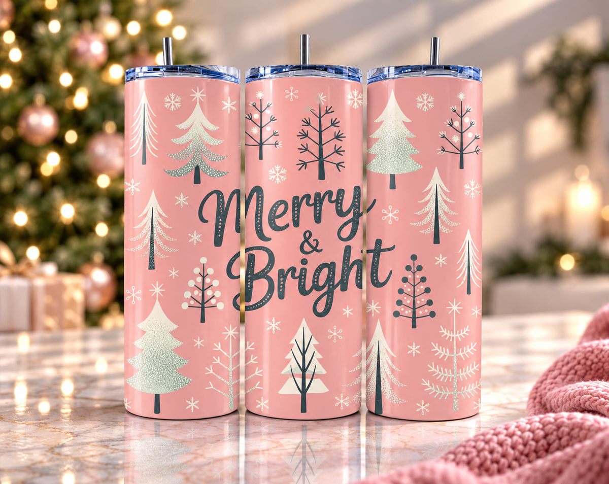 "Merry & Bright" Pink Christmas Tree Skinny Tumbler