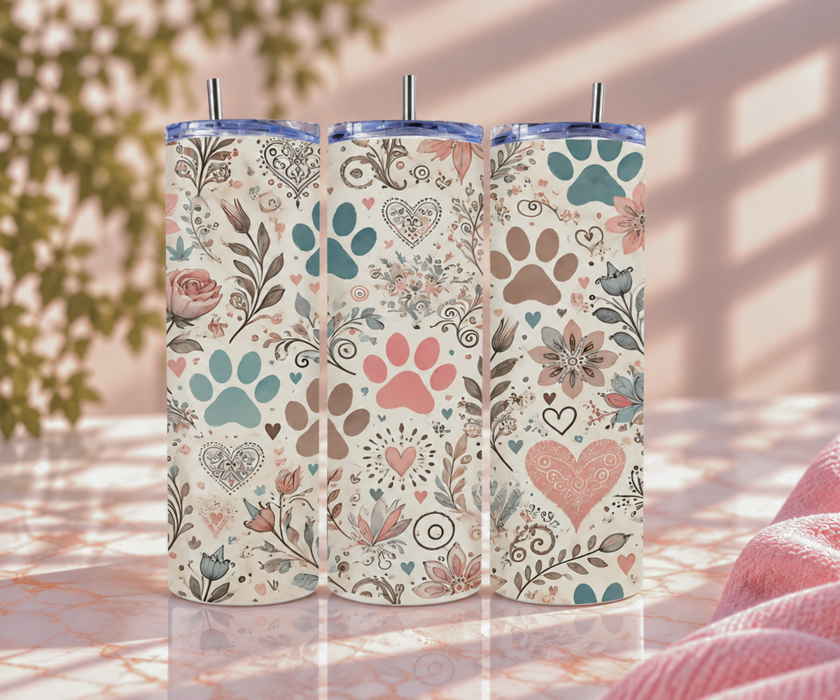 Paisley Floral Dog Paw Skinny Tumbler