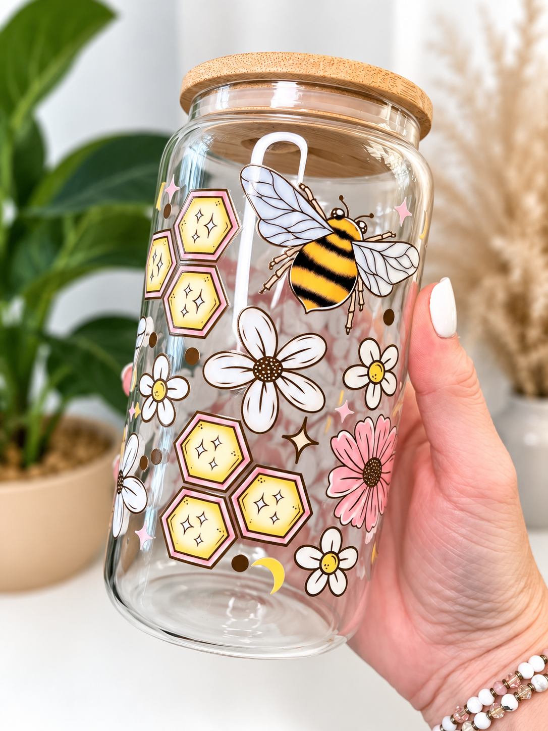 Bee & Honeycomb Glass Can Tumbler
