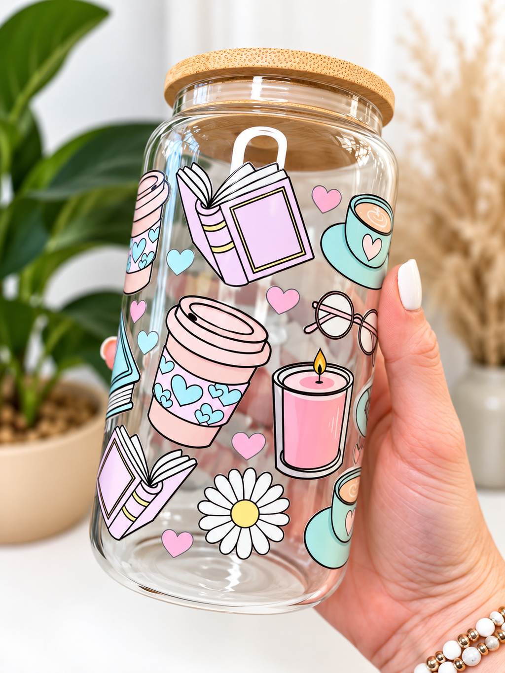 Pastel Books & Coffee Glass Can Tumbler