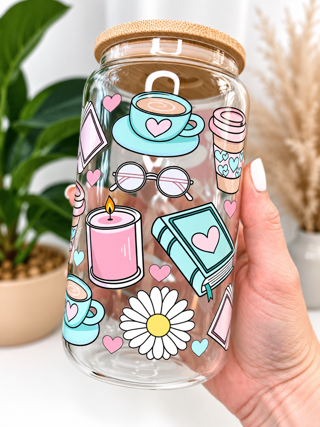 Pastel Books & Coffee Glass Can Tumbler