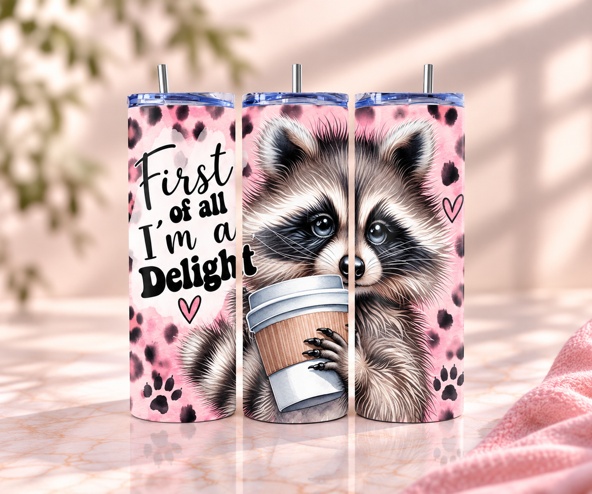 "First of All, I'm a Delight" Raccoon Skinny Tumbler