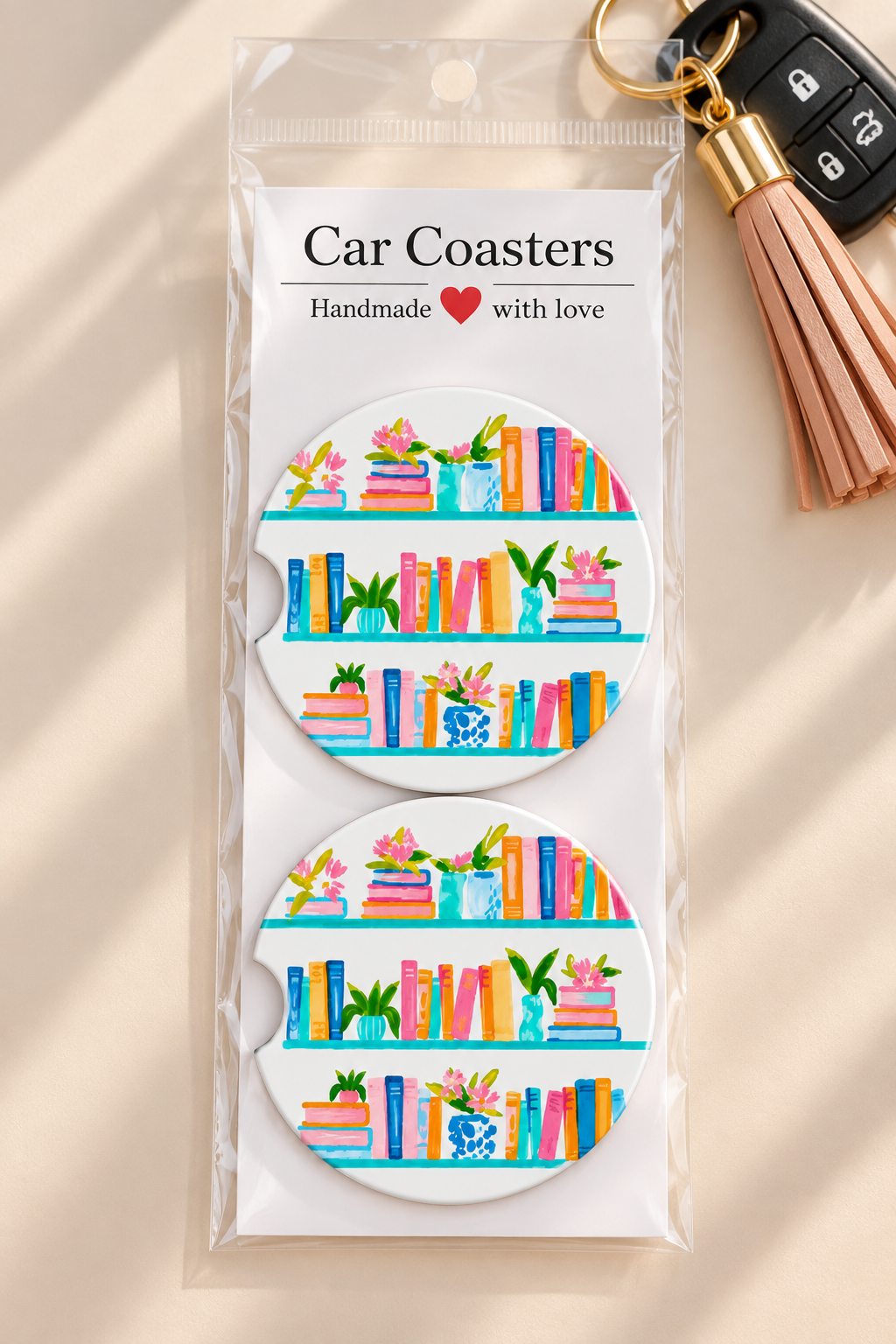 Watercolor Bookshelf Car Coasters